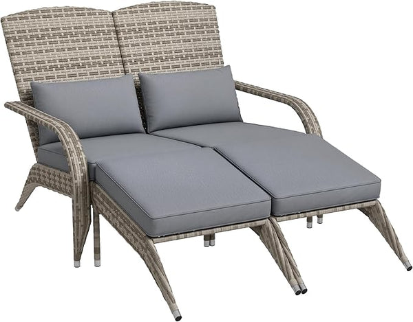 Outsunny Wicker Adirondack Chair for 2 with Cushions & Footrests, PE Rattan Double Chaise Lounge Chair - Photo 1
