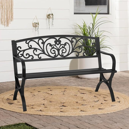 Outdoor Metal Garden Bench Patio Benches with Mesh Pattern Backrest Armrests for Patio Park Lawn Yard,Black