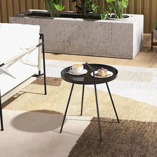 Grand patio Outdoor Coffee Table with Handle, Outdoor Portable End Table, 17-in Round Side Table, Black