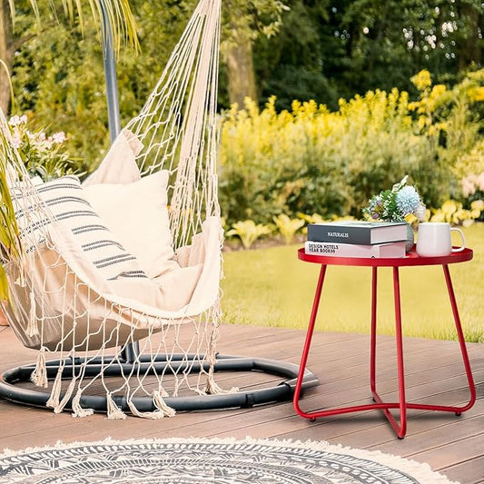 danpinera Outdoor Side Tables, Weather Resistant Steel Patio Side Table, Small Round Outdoor End Table Metal Side Table for Patio Yard Balcony Garden Bedside (Red)