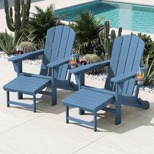 KINGYES Folding Adjustable Adirondack Chair with Retractable Ottoman, HDPE Recliner Adirondack Chair with Cup Holder, Blue