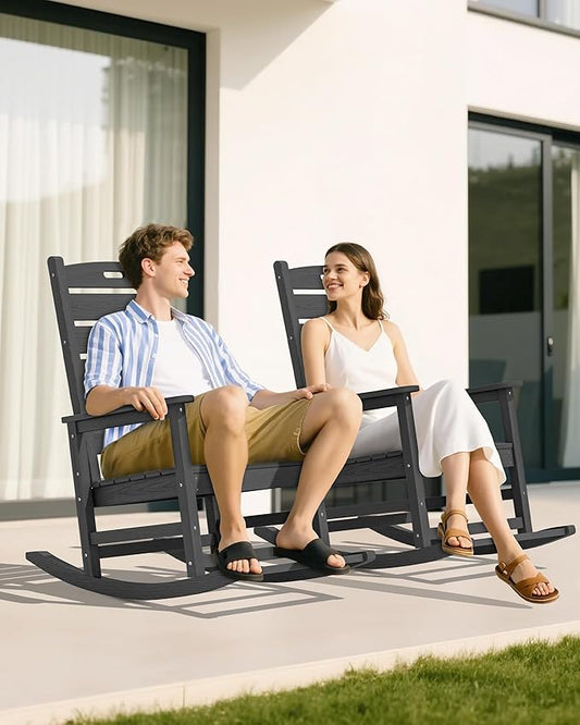 SERWALL Outdoor Rocking Chair Set of 4, Oversized HDPE Patio Rocking Chair with Footrest for Adults, All Weather Porch Rocker for Deck Patio Balcony, Gray