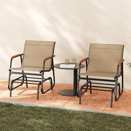 Giantex Outdoor Glider, Swing Rocking Chair with Breathable Fabric Seat, Curved Teak Wood Armrests and Metal Frame, Gliding Armchair, Patio Glider for Backyard, Garden, Porch, Balcony (2)