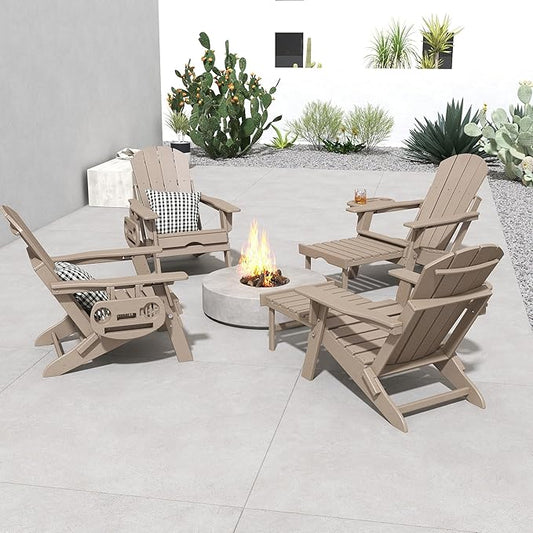 FOOWIN Folding Adjustable Adirondack Chair with Retractable Ottoman, HDPE Adirondack Chair w/4 in 1 Cup Holder Trays,All-Weather Resistant Fire Pit Chair for Outdoor Patio Lawn, Brown