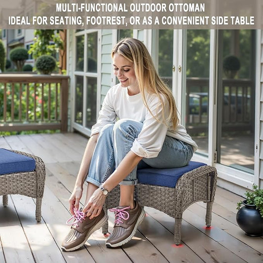 Belord Outdoor Ottomans for Patio Foot Rest - 25 Inch PE Wicker Foot Stool Set of 2 for Patio Furniture Sets,All Weather Rattan Ottoman for Balcony Deck Backyard Brown Gray