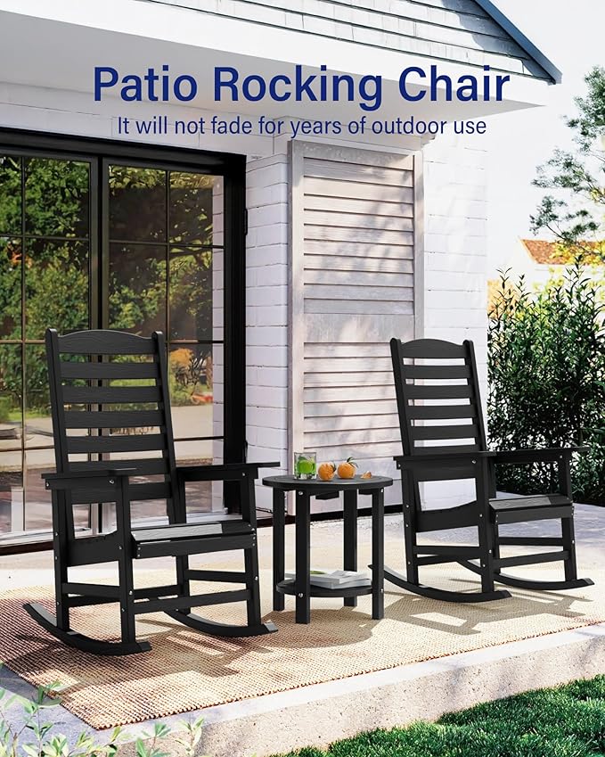 YEFU Outdoor Rocking Chair Set of 4,Poly Porch Rocker with Curved Backrest,All Weather Patio Rocking Chair,Like Real Wood,for Indoor,Lawn, Backyard,Garden,Heavy Duty,Weight Capacity 380lbs(Black)