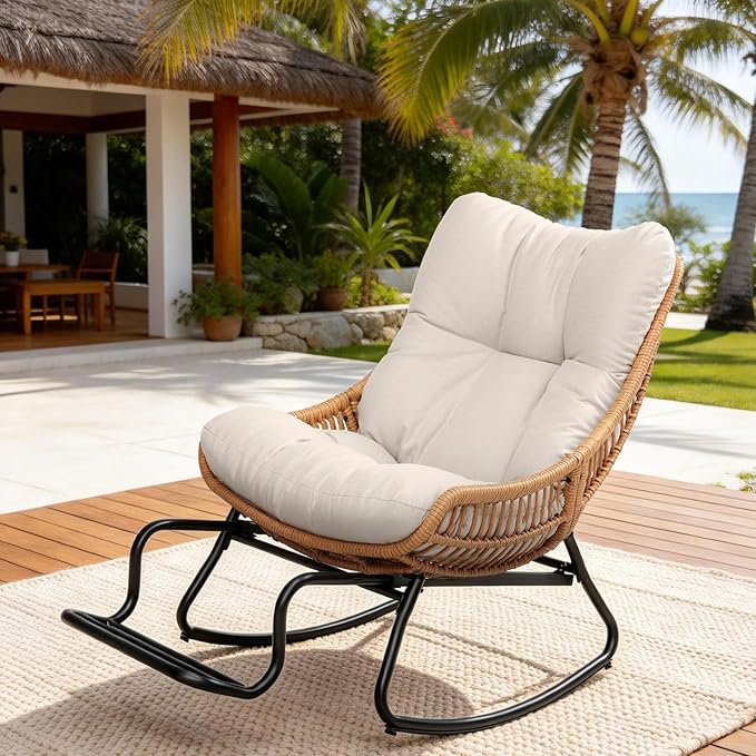 Outdoor Papasan Rocking Chair with Adjustable Footrest, Comfy Outdoor Lounge Chairs Heavy Duty Oversized Rocking Egg Chair Perfect for Patio Deck Garden and Indoor Use