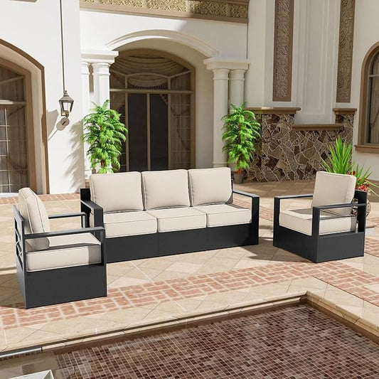 Outdoor Aluminum Furniture Set, 3-Piece Patio Conversation Set, 2 Chairs and 1 Sofa, All-Weather Metal Frame, 6" Thick Removable Cushions, Deep Setting for Garden, Poolside and Porch