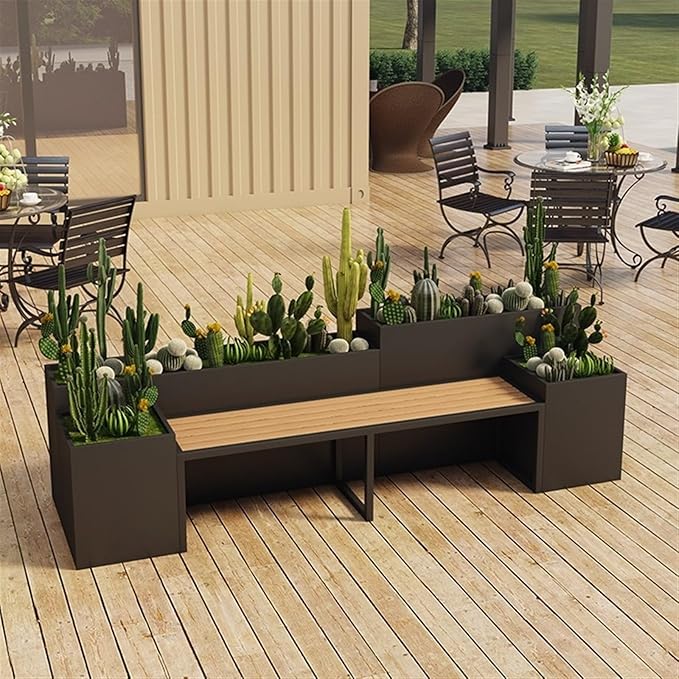 Outdoor Park Planter Bench Outdoor Patio Flower Box Seating Set Large Metal Black Garden Bench with Raised Planter Bench for Park, Yard, Porch, Lawn, Balcony, Backyard Park Flower Box Bench(Small)