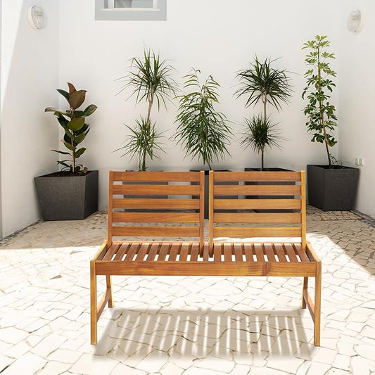 Outdoor Wooden Garden Bench, 2-Person Acacia Wood Loveseat with Adjustable Backrest, 600lbs Capacity, Patio Park Bench for Backyard Deck, Front Porch Bench