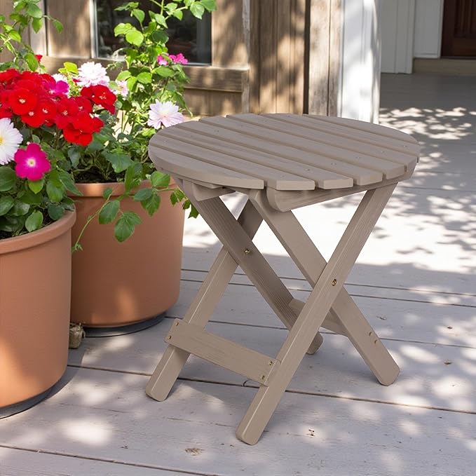 Shine Company Round Wooden Folding Solid Wood Side Table, Outdoor Adirondack Small Patio Table, Graystone