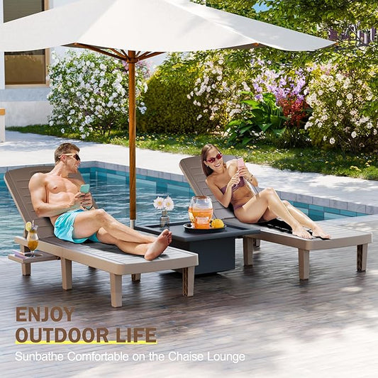 CDCASA Outdoor Chaise Lounge Set of 4, Pool Lounge Chairs w/5 Adjustable Positions & Side Tray, Waterproof Resin Lounges for Poolside,Yard, Garden, Sunbathing, for All Weather, Taupe
