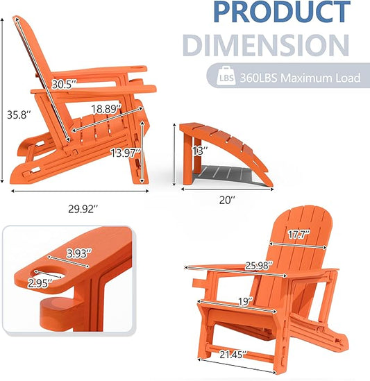 Shintenchi Adirondack Chair Set of 2,HDPE Adirondack Chairs with Umbrella Hole Connecting Tray & 2 Curved Ottoman,Plastic Outdoor Chairs with Cup Holders for Garden Backyard Pool,Orange