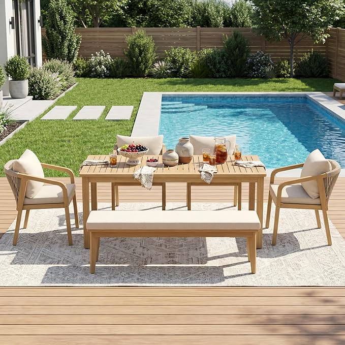 Wisteria Lane 6 Pieces Acacia Patio Dining Set for 6, Patio Dining Table and Chairs Set with Cushion, Modern Outdoor Dining Furniture Set for Garden Lawn Deck Backyard, Beige