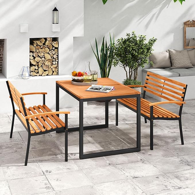 Giantex Outdoor Bench, Acacia Wood Patio Loveseat with Slatted Backrest & Seat, Armrests, Heavy Duty Metal Frame, 800 lbs Capacity, 2-Person Garden Bench for Lawn, Porch, Yard and Park