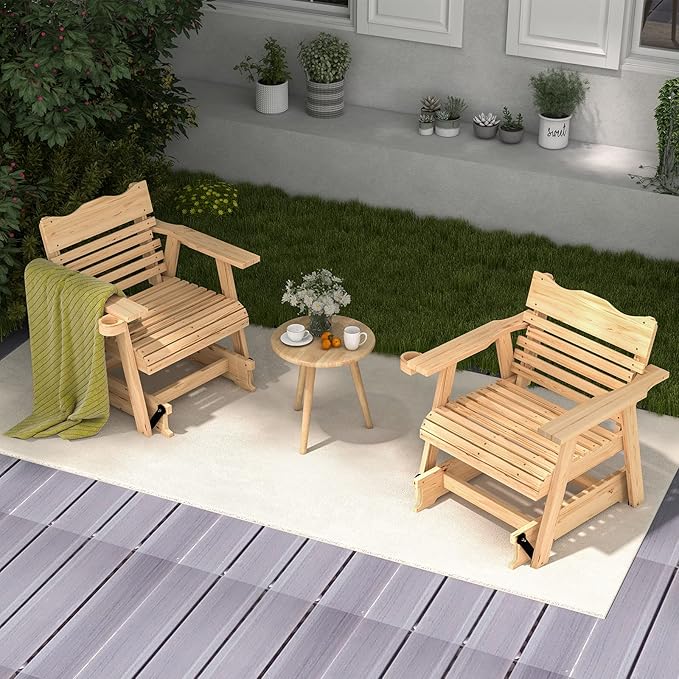 Outdoor Rocking Chair, Patio Glider Chair with Ergonomic Curved Seat & Wide Armrest, Indoor Fir Wood Rocker with Hidden Cup Holder for Patio Balcony Backyard Porch Poolside, Natural