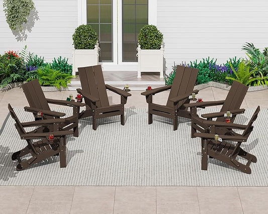SERWALL Modern Adirondack Chairs, Folding Adirondack Chair with Cup Holders, Outdoor HDPE Adirondack Chair for Patio Lawn Garden, Coffee