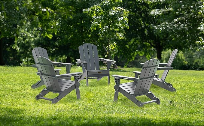 Folding Adirondack Chair Set of 6, Wooden Textured Plastic Adirondack Chairs with 2 Cup Holder, Weather Resistant HDPE Fire Pit Chair, Outdoor Patio Chairs for Garden, Backyard, Lawn, Deck, Grey
