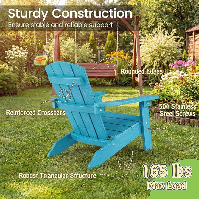 KOTEK Kids Adirondack Chair, Plastic Toddler Lawn Chair with Ergonomic Seat, Wood-Grain Texture, Easy to Assemble, All-Weather Outdoor Kids Chairs for Patio, Garden, Backyard (Turquoise)