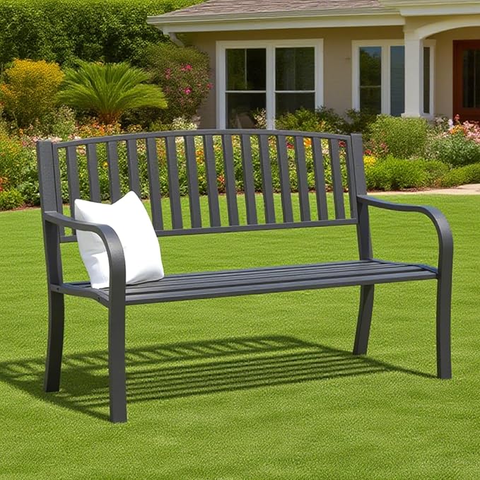 Metal Bench Patio Bench, Outdoor Benches Weatherproof with Slat Backrest, Wrought Iron Garden Benches for Outdoors, Patio, Garden, Park, 2 Pack