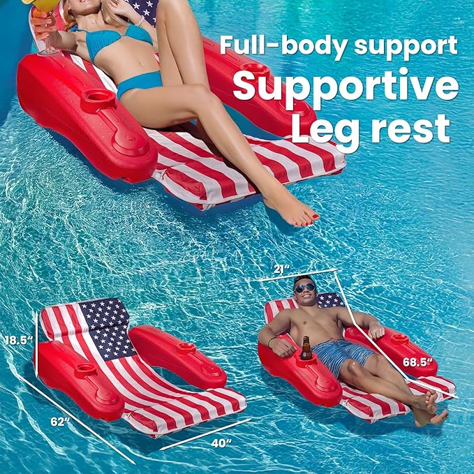 XtremepowerUS USA Patriotic Floating Chaise Pool Lounger Headrest Padded Large Lounge, Backrest, Footrest & Cupholder for Adults (American Flag)