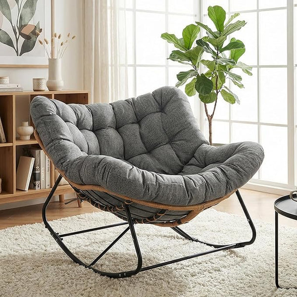 TLSUNNY Outdoor Papasan Rocking Chair, Oversized Padded Lounge Rocker with Cushion, Comfy Wicker Egg Lounge Chair - Photo 1