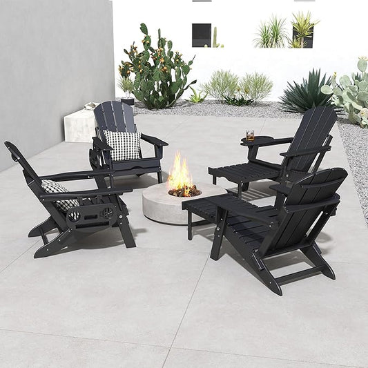 FOOWIN Folding Adjustable Adirondack Chair with Retractable Ottoman Set of 2,HDPE Adirondack Chair w/4 in 1 Cup Holder Trays,All-Weather Resistant Fire Pit Chair for Outdoor Patio Lawn, Black