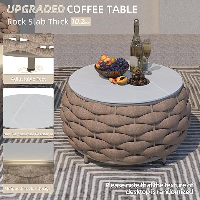 TWT Outdoor Coffee Table Rope Patio Coffee Table for Outdoor Balcony Lawn Garden Small Round Desk with Rock Slab Top All-Weather, 25.6in(Textilene Rope, Light Brown)