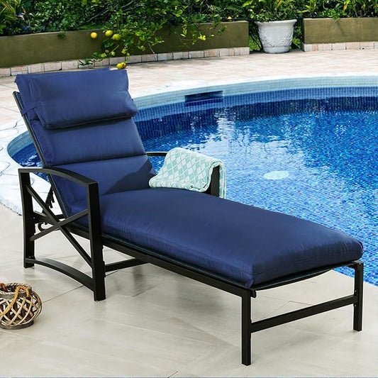 PatioFestival Patio Lounge Chair Cushioned Textilene Chaise Lounger Outdoor with Adjustable Back 3.1" Thickness Long Cushion All Weather Frame (Blue)