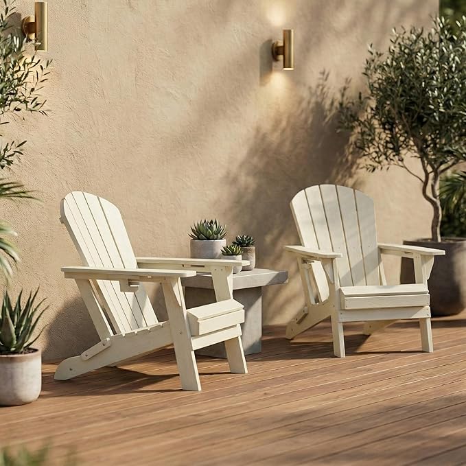 Kingdura Folding Adirondack Chairs Set of 4, Portable HDPE Outdoor Patio Chair with Wooden Textured & Cup Holder, All Weather Resistant, 380LBS Capacity for Pool, Backyard, Balcony, Fire Pit (White)