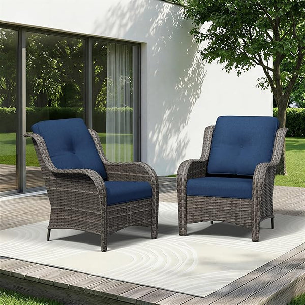 Patio Chairs Set of 2, Outdoor Wicker Patio Furniture Set with Thickened Olefin Cushions, High Back and Deep Seating - Photo 1