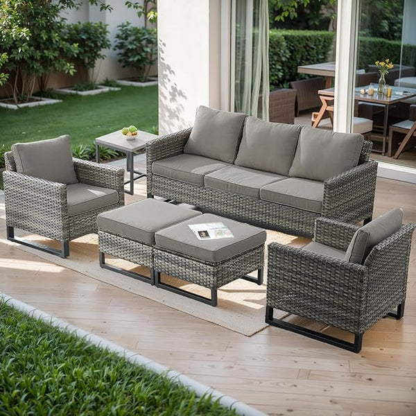 Rilyson Wicker Outdoor Patio Furniture Set - 6 Piece Patio Conversation Set with 2 Armrest Chairs, 2 Rattan Ottoman - Photo 1