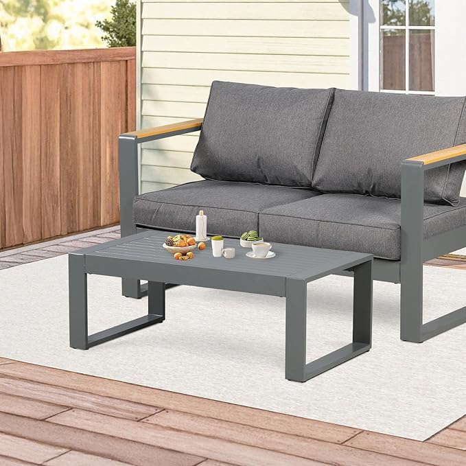 Aoodor Aluminum Patio Furniture Coffee Table, Modern Rectangle All-Weather Patio Metal Coffee Side Table for Outside, for Balcony, Garden, Yard, Grey
