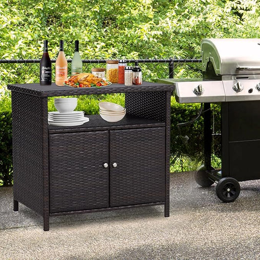 Kinfant Outdoor Wicker Storage Cabinet, Patio Bar Table with Two Doors and Shelves, Weatherproof Wicker Storage Console Table for Outdoor Sofas, Patio Pool Garden Kitchen (Brownish Black)