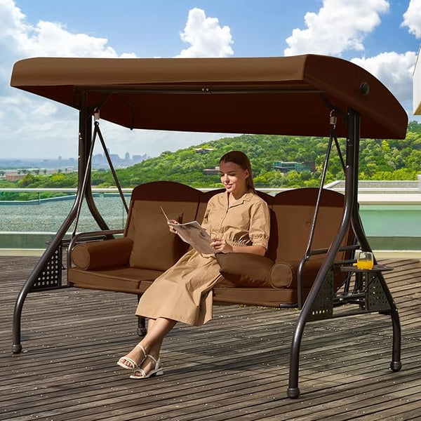 3 in 1 Patio Swing with Adjustable Canopy for Adults, 3 Seat Outdoor Swing with Thickened Cushions - Photo 1