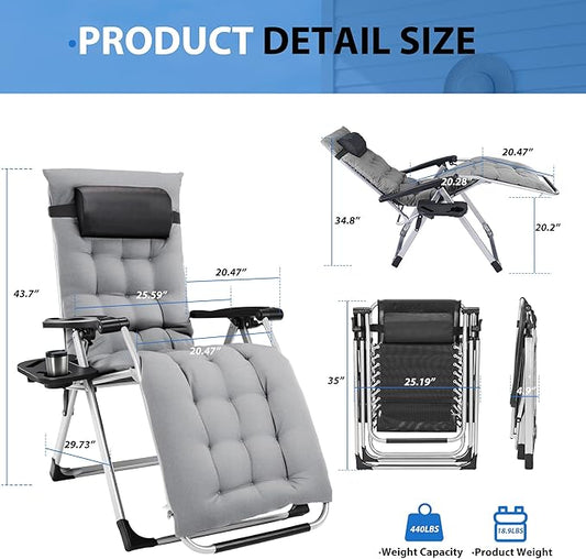 NEWBULIG Zero Gravity Chair, Folding Outdoor Patio Recliner, Reclining Camping Lounge Chair with Cup Holder Trays and Removable Cushion for Indoor Outdoor Beach