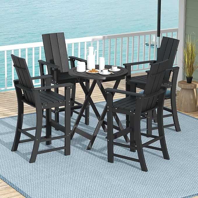 Giantex 52” Tall Adirondack Chair Set of 2, HDPE Outdoor Bar Stool with Ergonomic Backrest, Armrests, Footrest, Fire Pit Chair, All Weather Patio Bistro Chair for Garden, Lawn (Black)
