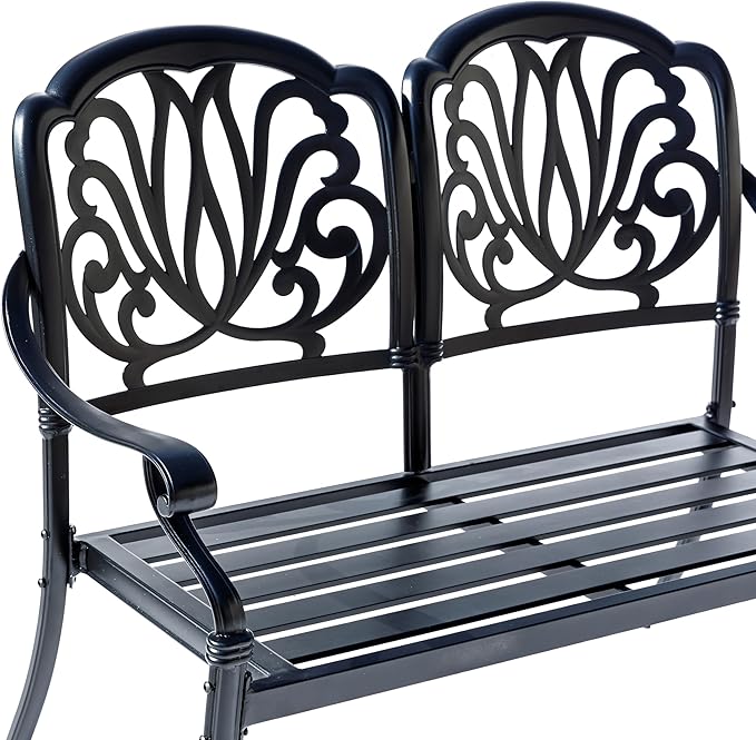 Hi-Line Gift Ltd. Midnight Oasis- Black Cast Aluminium Garden Bench with Easy Assembly
