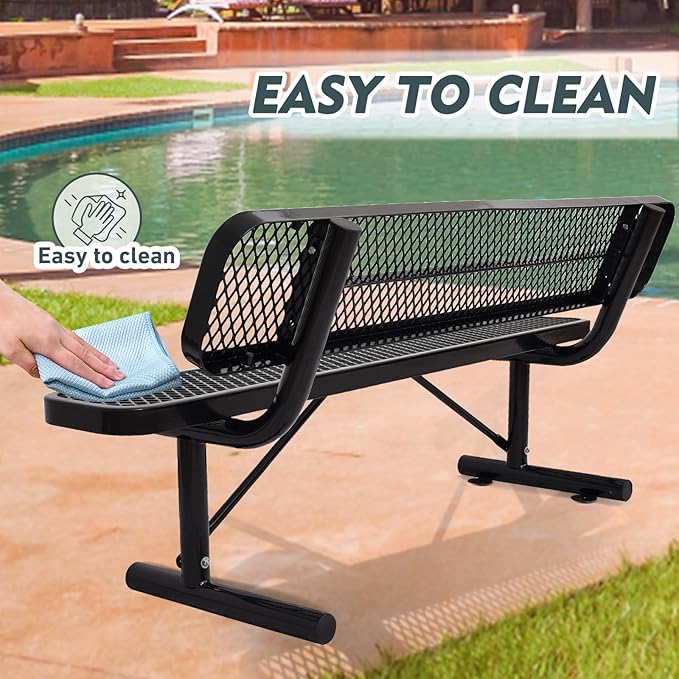Outdoor Garden Bench, Cast Iron Metal Frame Patio Park Bench with Backrest, Portable Expanded Metal Black Bench, Commercial-Grade Outdoor Seating for Lawn, Patio, Park, Yard, Garden (Black, 6FT/72')