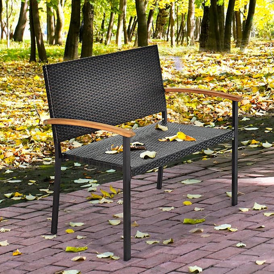 Tangkula Patio Wicker Bench, All Weather Rattan Bench w/Acacia Wood Armrest, Outdoor Loveseat Chair, Lightweight Patio Stackable Dining Bench for Front Porch, Backyard, Lawn, Garden, Pool, Deck