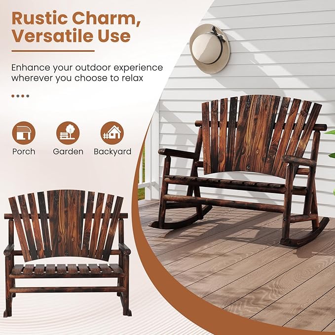 Tangkula 2-Person Wood Outdoor Rocking Chair, Outside Adirondack Rocker with High Back and Slatted Seat, Oversized Porch Rocking Chair for Balcony, Garden, Backyard, Patio