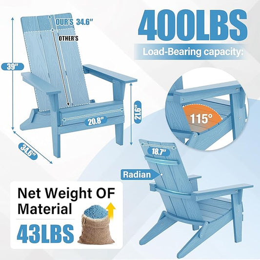 YEFU Adirondack Chairs Oversize Folding :400lb Weight Capacity - Plastic Adirondack Chairs - High Back Modern Like Wooden - All-Weather Use for Outdoor/Patio/Fire Pit/Garden/Camping - (Blue)
