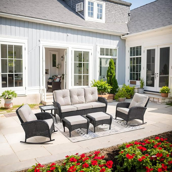 Belord Patio Rocking Chairs Furniture Set of 6, Outdoor Wicker Furniture Sets with Wicker Rocker - Photo 1