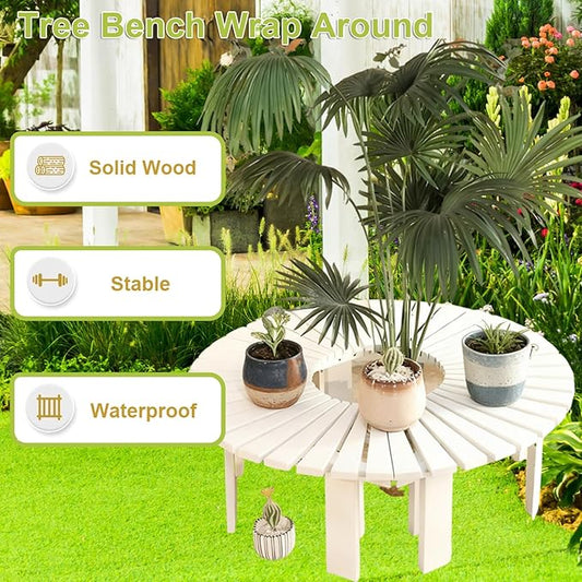 Tree Bench Wrap Around, Semicircular Outdoor Benches Wooden Garden Stool, Courtyard Chair Backless Patio Dining Bench for Garden Patio Porch Lawn Backyard(White, 47.24in/120cm)