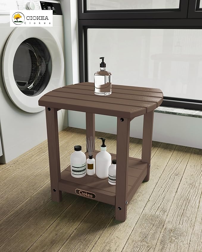 Ciokea Adirondack Outdoor Side Table, 2-Tier Sturdy Patio End Table Weather Resistant, Morden Side Table for Patio, Pool, Porch, Brown