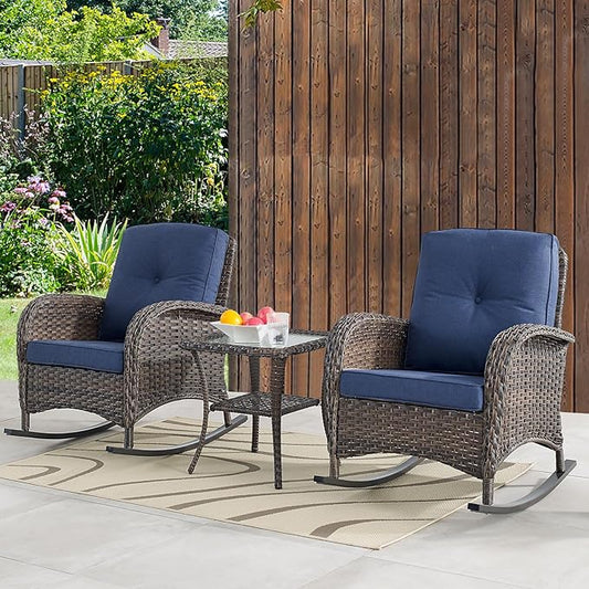 Belord Patio Wicker Furniture with Rocking Chairs Loveseat, 5 Piece Rattan Furniture Outdoor Table and Rocking Chairs Set for Patio Deck Porch Backyard Brwon/Blue