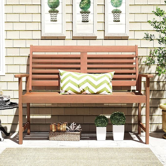 Tangkula Wood Outdoor Bench, 2-Person Patio Bench with Ergonomic Backrest & Armrests, Slatted Seat, Teak Oil Finish, for Front Porch, Backyard, Park, Loads up to 660 LBS