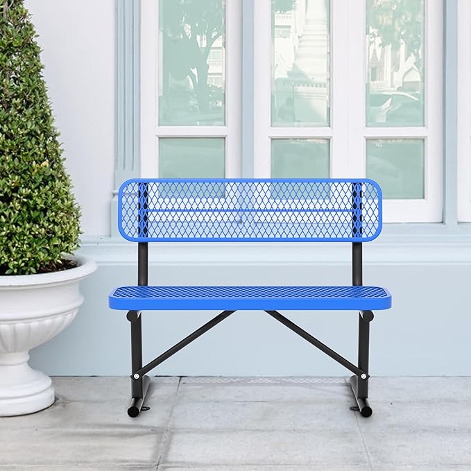 4 Ft Metal Park Bench for Outside, All-Weather Thermoplastic Coating Outdoor Bench with Backrest, Commercial Heavy Duty Benches for Shopping Malls, Stores, Parks, Patios, Decks, Blue