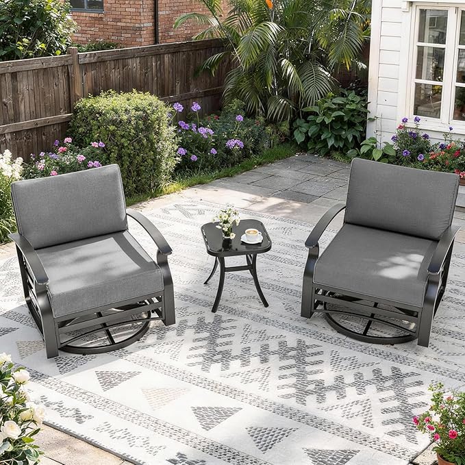 Gotland 3 Piece Patio Set, Metal Outdoor Swivel Chairs Set of 2 with 5.1’’ High-Resilience Seat Cushions Tempered Glass Coffee Table Removable Cushions for Backyard, Lawn, Porch, Grey