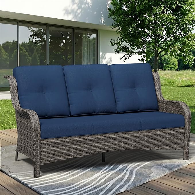 3 Seat Outdoor Couch, Wicker Patio Sofa with Thickened Olefin Cushions, High Back and Deep Seating, Hand-Woven PE Rattan for Porch, Deck, Balcony